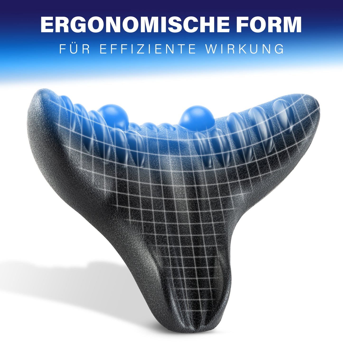Schwarzer ergonomisch geformter Nackenstrecker mit strukturierter Oberfläche und blauem Polster. - Healthfix - Nackenstrecker