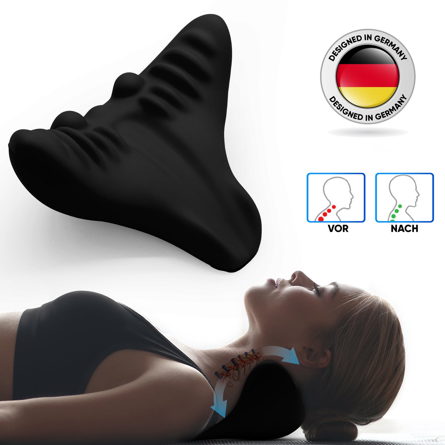 Schwarzer orthopädischer Nackenstrecker mit ergonomischem Wellenprofil aus flexiblem Material. - Healthfix - Nackenstrecker