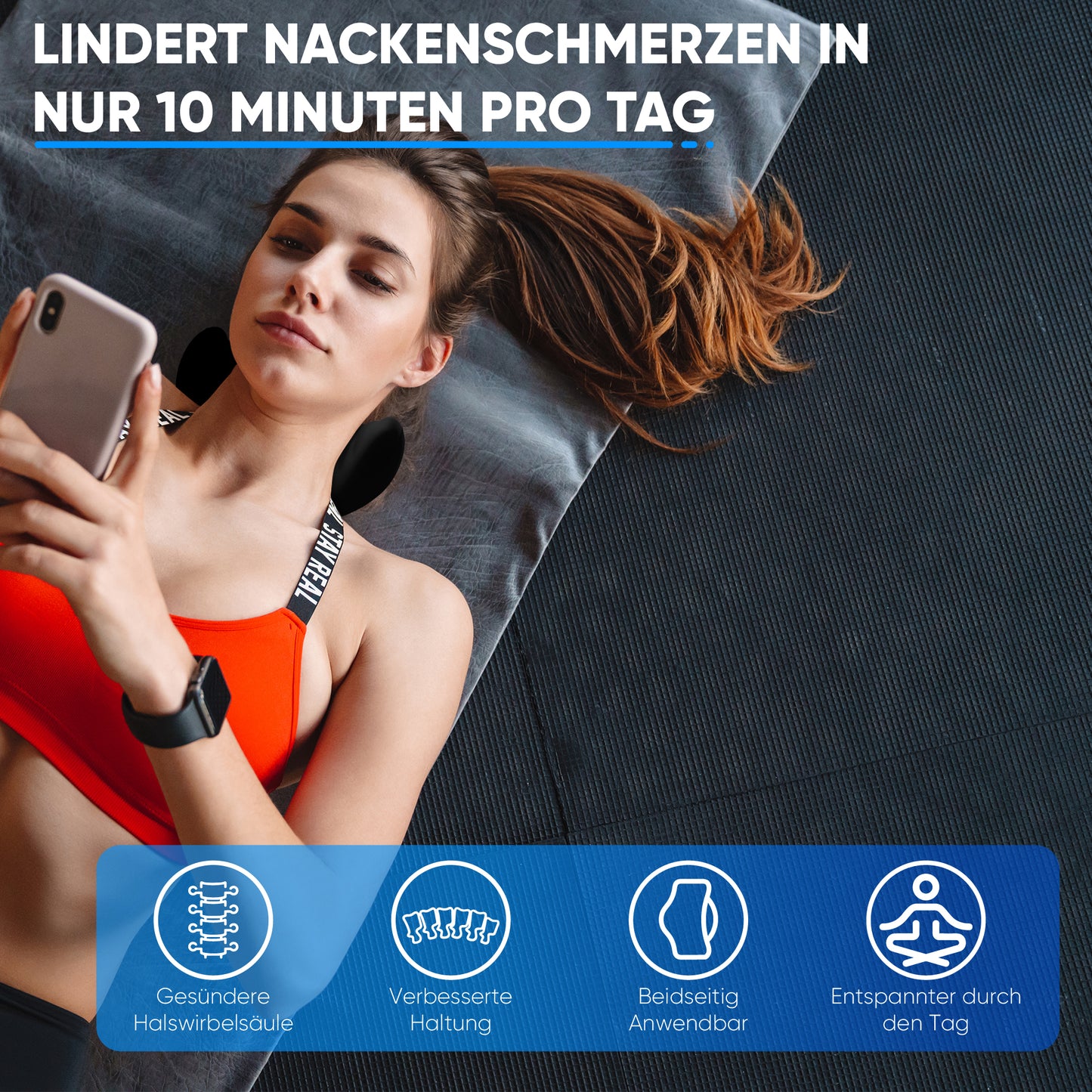 Frau liegt auf schwarzem Nackenstrecker aus festem Material, entspannt mit geschlossenen Augen. - Healthfix - Nackenstrecker