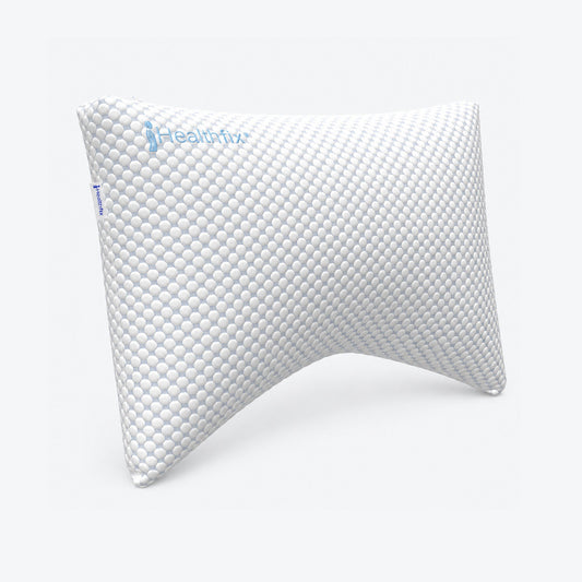 Originales Healthfix DreamFix Kopfkissen mit weiß-blauem Strukturbezug und Healthfix-Logo