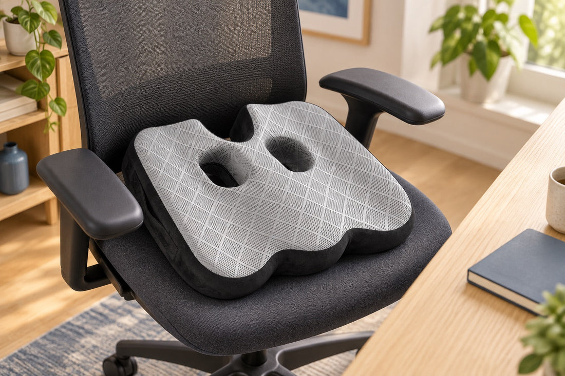 Graues Sitzkissen mit anatomischen Aussparungen auf einem Bürostuhl am Schreibtisch