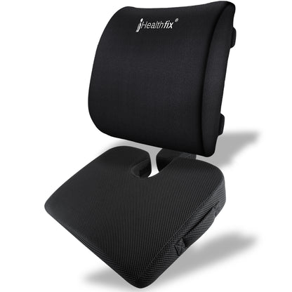 Schwarzes Auto-Keil- und Lendenkissen mit ergonomischem Design und atmungsaktivem Stoff. - Healthfix - Auto-Keilkissen & Lendenkissen