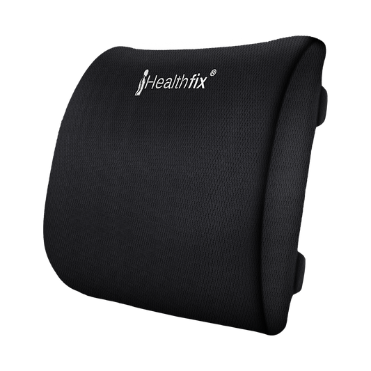 Schwarzes ergonomisches Lendenkissen mit weichem Bezug und seitlichen Befestigungsgurten. - Healthfix - Lendenkissen