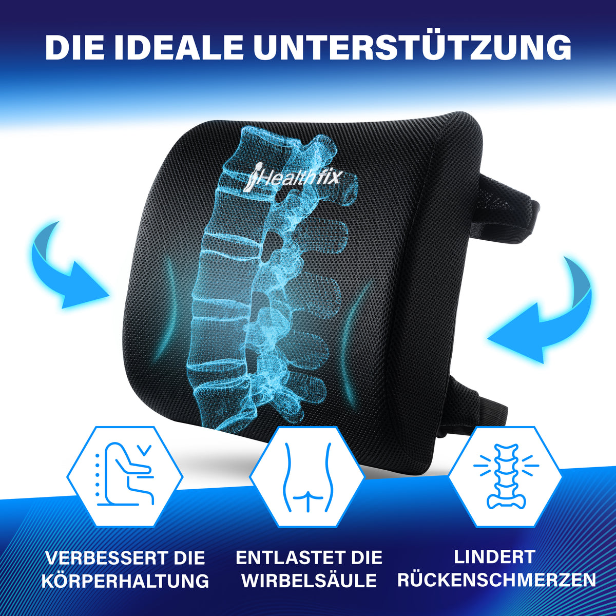 Healthfix® Lendenkissen - Ergonomisches Rückenkissen für Optimale Sitzhaltung | Universell Einsetzbar für Bürostuhl, Auto & Zuhause